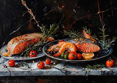 Seafood Still Life with Salmon and Shrimp