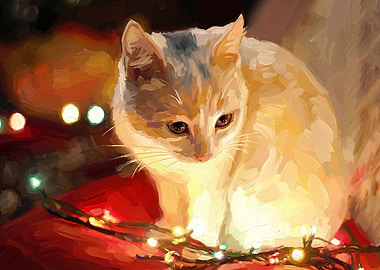 Cat with Christmas Lights Painting