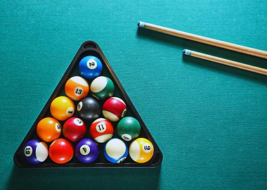 Billiards Pool balls and cue sticks