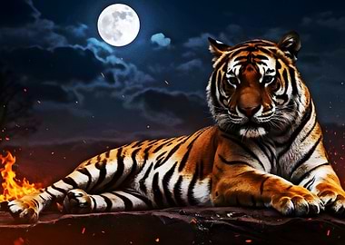 Tiger under moonlight with fire