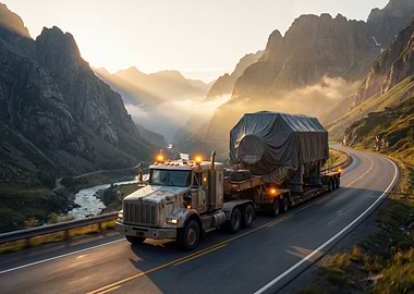 Truck transporting oversized load in mountains