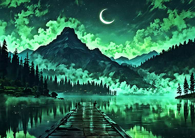 Emerald Lake Night Landscape with Moon