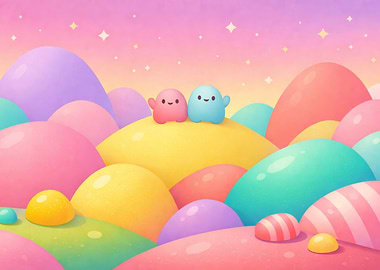 Cute Cartoon Landscape with Two Characters