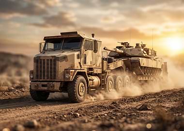 Military Truck Transporting Tank in Desert