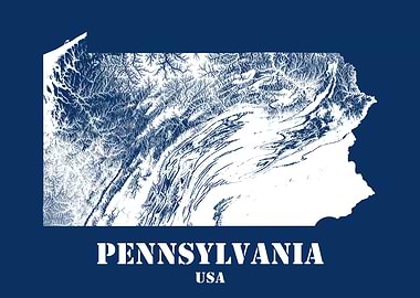 Pennsylvania USA State Minimalist White Topographic Contour Map featuring terrain on navy blue background