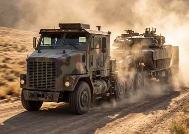 Military Truck Transporting Tank on Dirt Road