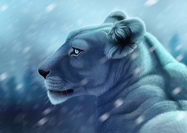 Blue Lioness in Winter Snowfall