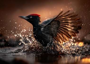 Black Woodpecker Splashing in Water