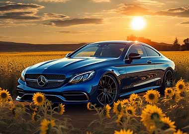 Blue Mercedes in Sunflower Field