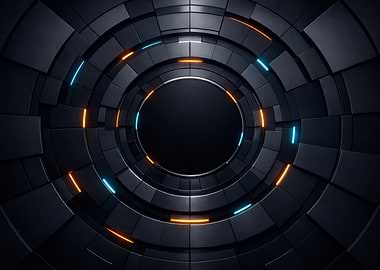Abstract Dark Circular Tunnel with Neon Lights