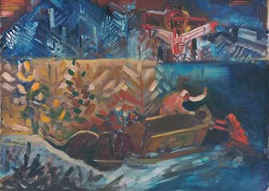 Abstract Painting: Boat and Crucifixion Scene