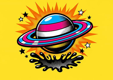 Pop Art Planet with Rings and Stars