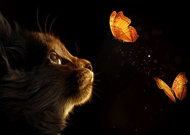 Cat and Butterflies in Dark