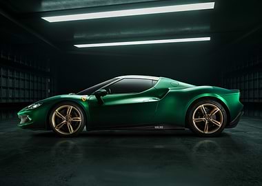 Green Ferrari 296GTB in Dark Garage