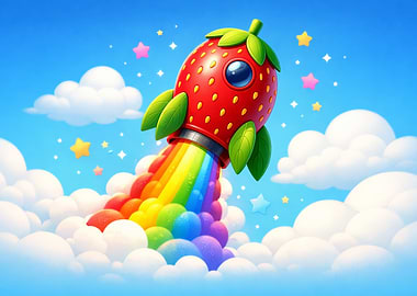 Strawberry Rocket Launching Through Clouds