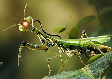 Mechanical Praying Mantis on Leaf
