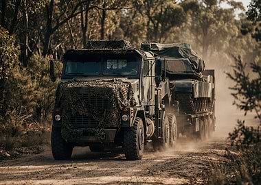 Military Truck Transporting Tank on Dirt Road