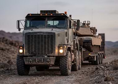 Oshkosh truck transporting a tank