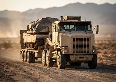 Military Truck Transporting Tank on Desert Road