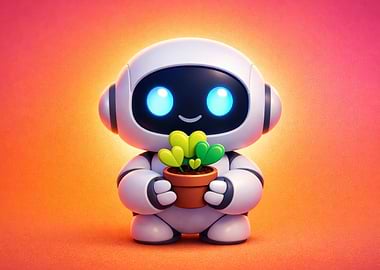 Cute Robot Holding Plant Pot