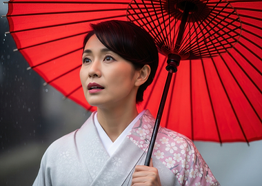 Woman in Kimono with Red Umbrella