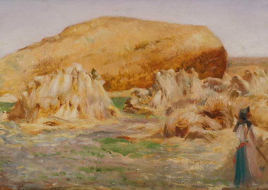 Harvest Scene Painting with Haystacks