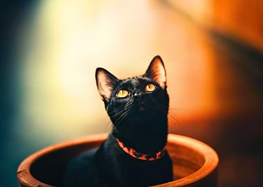 Black Cat in Pot Looking Upward