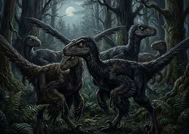 Feathered Raptors in a Forest Clearing