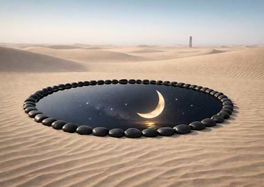 Desert Oasis with Moon Reflection