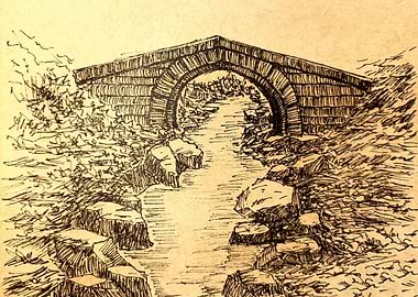 Stone Bridge Ink Drawing Landscape