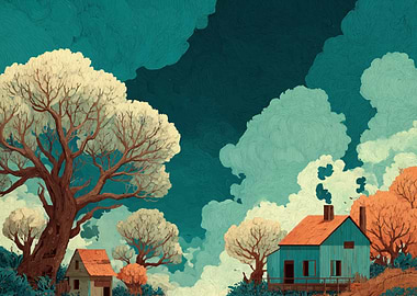 Rural Landscape with Houses and Trees