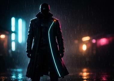 Cyberpunk Figure in Rainy Cityscape