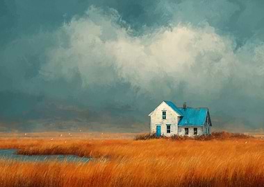 House in a field painting