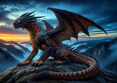 Dragon on Mountain Peak at Sunset