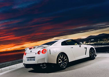 White Nissan GT-R at Sunset