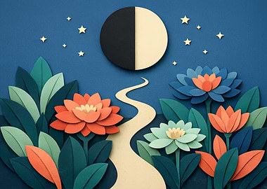 Paper Cut Moonlit Floral Landscape