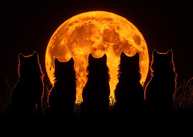 Pack Of Wolves Sitting Together On A Full Moon Night