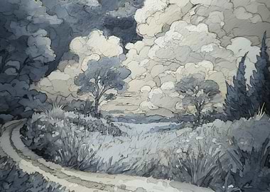 Monochromatic Landscape with Cloudy Sky
