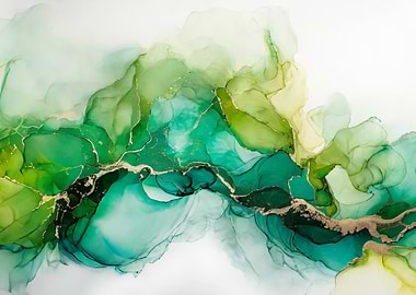Abstract Green and Gold Ink Painting