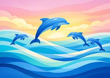 Dolphins jumping in the ocean at sunset
