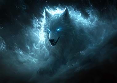 Ethereal Wolf in Blue Nebula