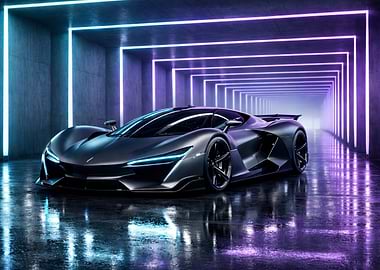 Sleek Sports Car in Neon Tunnel