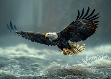 Bald Eagle Soaring Over Open Waters