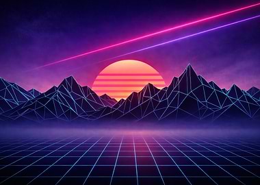 Retro Synthwave Landscape with Grid and Mountains