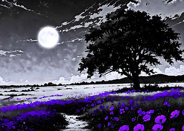 Monochrome Landscape with Purple Flowers