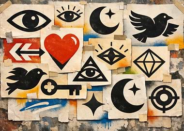 Symbol Collage on Weathered Wall
