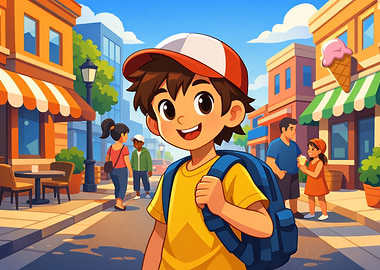 Cartoon Boy with Backpack in City