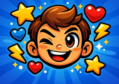 Cartoon Boy Winking with Icons