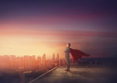 Superhero on Rooftop at Sunset