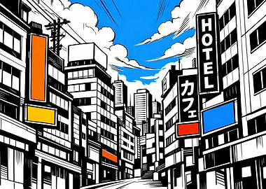 Manga Style Cityscape with Colorful Signs